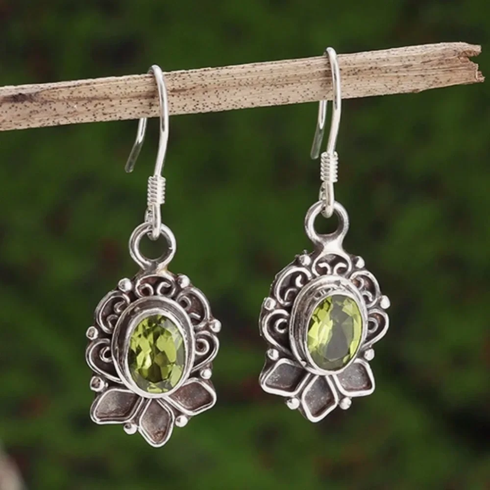 Silver Ornamental Olive Green Crystal Drop Earrings - Picture 3 of 5